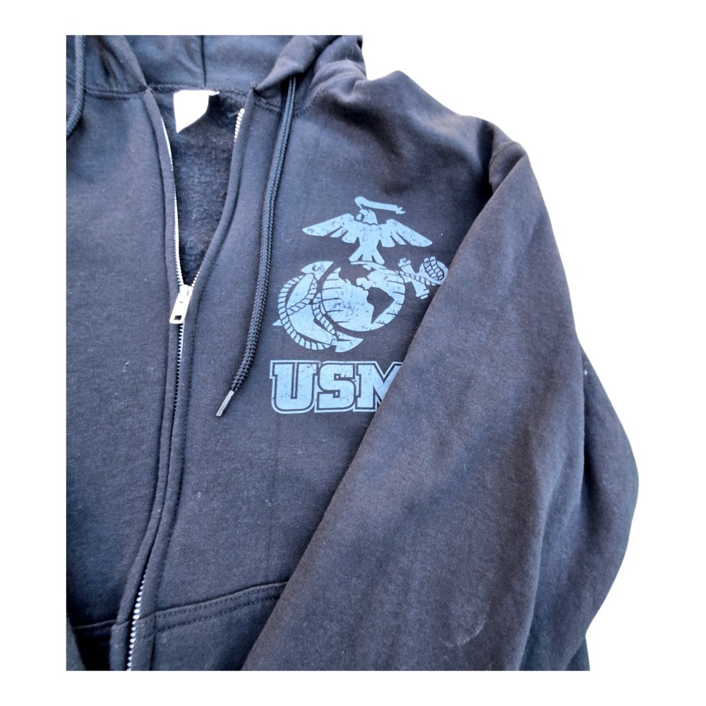 USMC Full Zip Hoodie Cotton Blend Medium Black Semper Fidelis Graphic - Picture 2 of 13